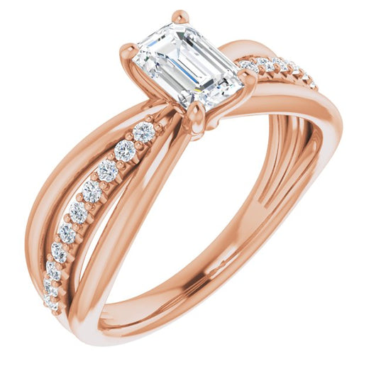 10K Rose Gold Customizable Emerald/Radiant Cut Design with Tri-Split Accented Band