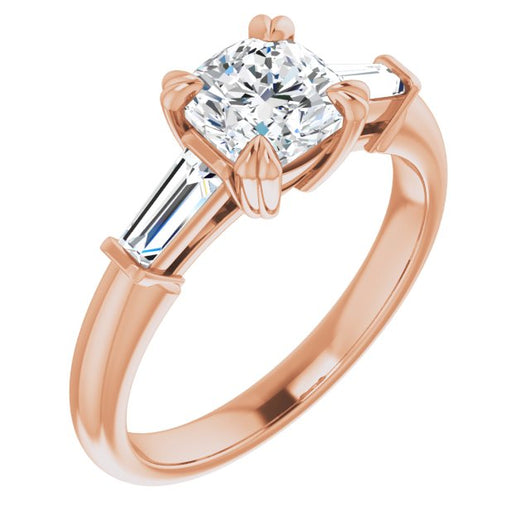 10K Rose Gold Customizable 3-stone Cushion Cut Design with Tapered Baguettes