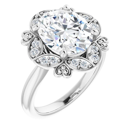 10K White Gold Customizable Oval Cut Design with Floral Segmented Halo & Sculptural Basket