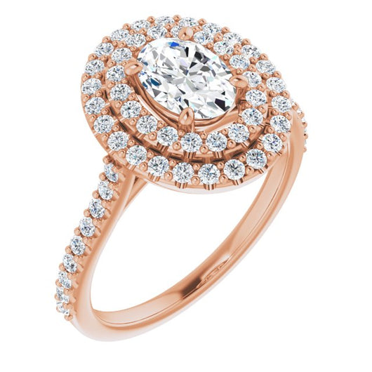 10K Rose Gold Customizable Double-Halo Oval Cut Design with Accented Split Band