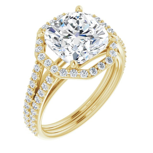 10K Yellow Gold Customizable Cathedral Cushion Cut Design with Geometric Halo & Split Pavé Band