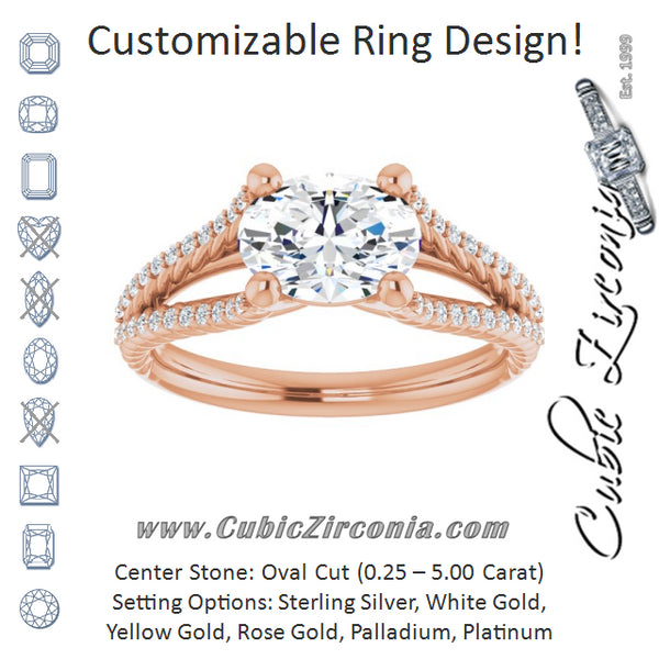 Cubic Zirconia Engagement Ring- The Contessa (Customizable Oval Cut Style with Split Band and Rope-Pavé)