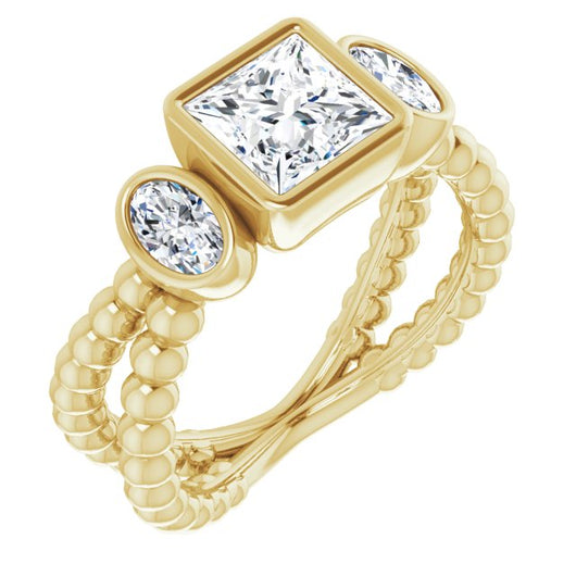 10K Yellow Gold Customizable 3-stone Princess/Square Cut Design with 2 Oval Cut Side Stones and Wide, Bubble-Bead Split-Band