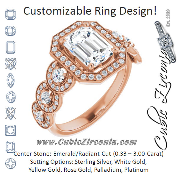 Cubic Zirconia Engagement Ring- The Emma Grace (Customizable Cathedral-set Emerald Cut 7-stone style Enhanced with 7 Halos)