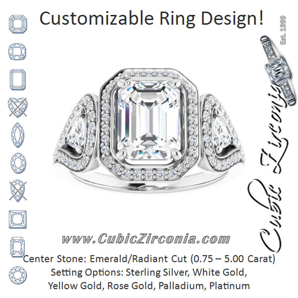 Cubic Zirconia Engagement Ring- The Cordelia (Customizable Cathedral-set Emerald Cut Design with 2 Trillion Cut Accents, Halo and Split-Shared Prong Band)