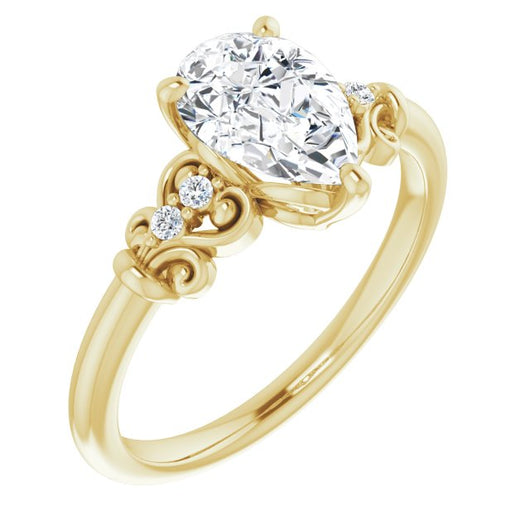 10K Yellow Gold Customizable Vintage 5-stone Design with Pear Cut Center and Artistic Band Décor