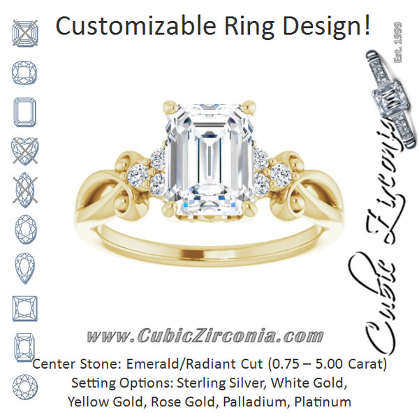 Cubic Zirconia Engagement Ring- The Adele (Customizable 7-stone Emerald Cut Design with Tri-Cluster Accents and Teardrop Fleur-de-lis Motif)