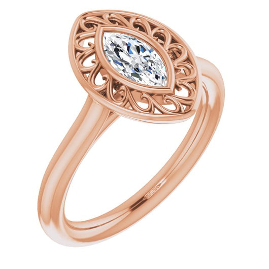 10K Rose Gold Customizable Cathedral-Bezel Style Marquise Cut Solitaire with Flowery Filigree