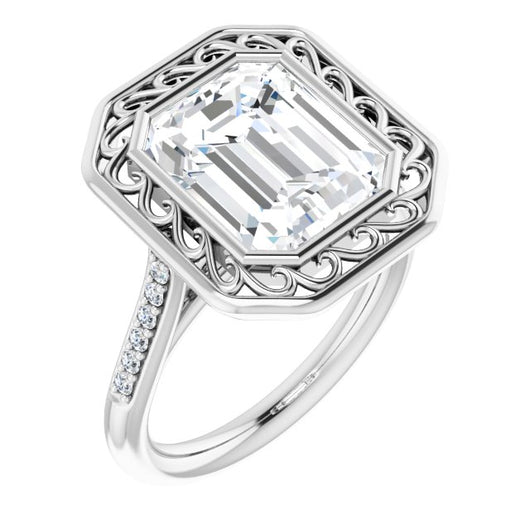 10K White Gold Customizable Cathedral-Bezel Emerald/Radiant Cut Design with Floral Filigree and Thin Shared Prong Band