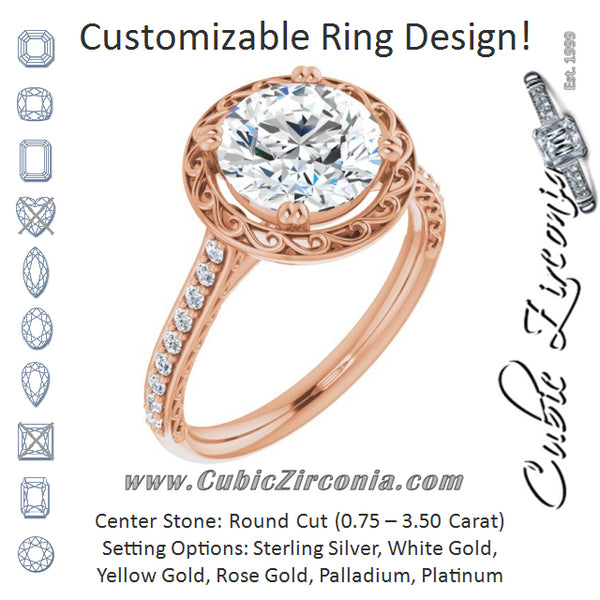 Cubic Zirconia Engagement Ring- The Montserrat  (Customizable Round Cut Halo Design with Filigree and Accented Band)