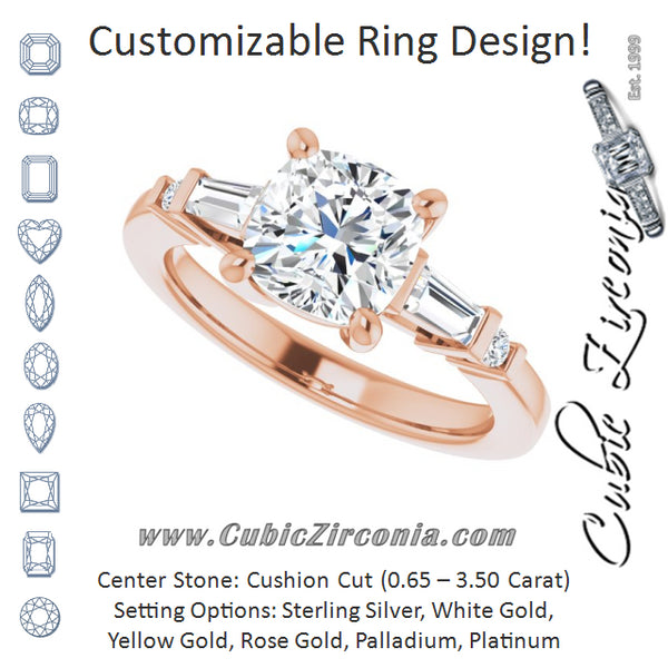 Cubic Zirconia Engagement Ring- The Belem (Customizable 5-stone Baguette+Round-Accented Cushion Cut Design))