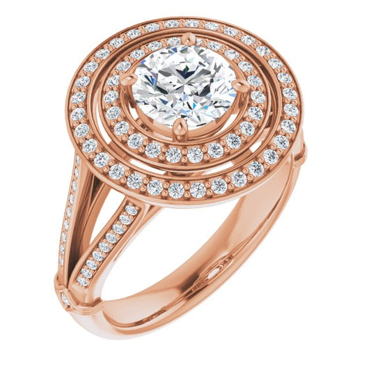 18K Rose Gold Customizable Cathedral-set Round Cut Design with Double Halo, Wide Split-Shared Prong Band and Side Knuckle Accents