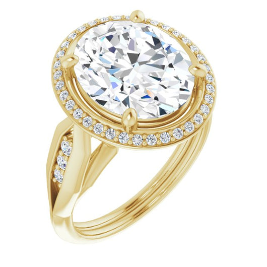 10K Yellow Gold Customizable Cathedral-raised Oval Cut Design with Halo and Tri-Cluster Band Accents