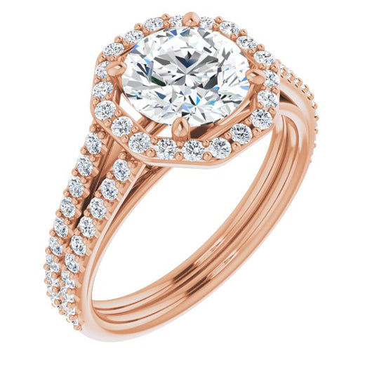 10K Rose Gold Customizable Cathedral Round Cut Design with Geometric Halo & Split Pavé Band