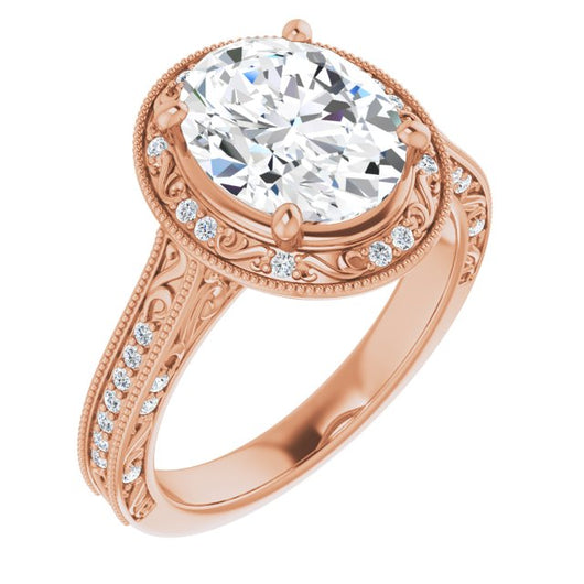 10K Rose Gold Customizable Vintage Artisan Oval Cut Design with 3-Sided Filigree and Side Inlay Accent Enhancements