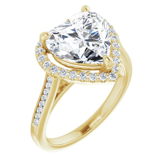 10K Yellow Gold Customizable Heart Cut Design with Halo, Round Channel Band and Floating Peekaboo Accents