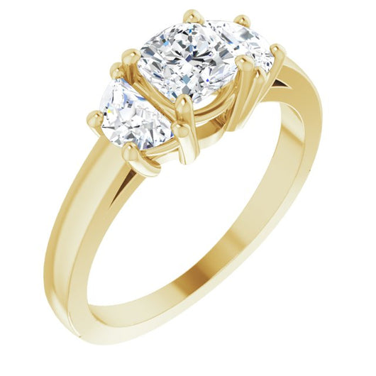 10K Yellow Gold Customizable 3-stone Design with Cushion Cut Center and Half-moon Side Stones