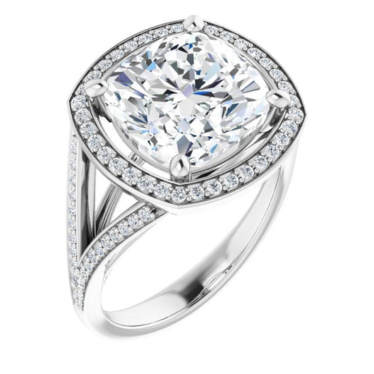 10K White Gold Customizable Cathedral-Halo Cushion Cut Style featuring Split-Shared Prong Band