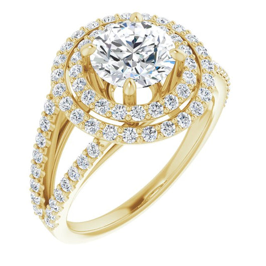 10K Yellow Gold Customizable Round Cut Design with Double Halo and Wide Split-Pavé Band