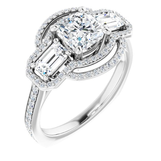 10K White Gold Customizable Enhanced 3-stone Style with Cushion Cut Center, Emerald Cut Accents, Double Halo and Thin Shared Prong Band