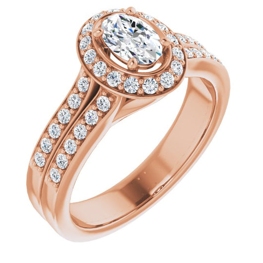 10K Rose Gold Customizable Oval Cut Halo Style with Accented Split-Band