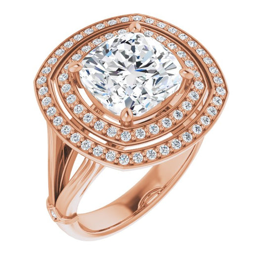 10K Rose Gold Customizable Cathedral-set Cushion Cut Design with Double Halo, Wide Split Band and Side Knuckle Accents