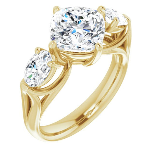 10K Yellow Gold Customizable Cathedral-set 3-stone Cushion Cut Style with Dual Oval Cut Accents & Wide Split Band