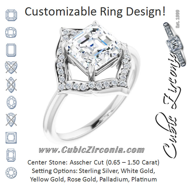 Cubic Zirconia Engagement Ring- The Casie Jean (Customizable Asscher Cut Style with Artistic Equilateral Halo and Ultra-thin Band)