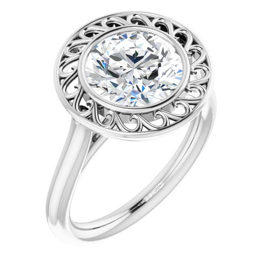 10K White Gold Customizable Cathedral-Bezel Style Round Cut Solitaire with Flowery Filigree