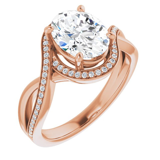 10K Rose Gold Customizable Bypass-Halo-Accented Oval Cut Center with Twisting Split Shared Prong Band