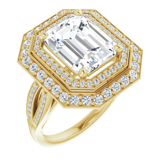 10K Yellow Gold Customizable Cathedral-style Emerald/Radiant Cut Design with Double Halo & Split-Pavé Band