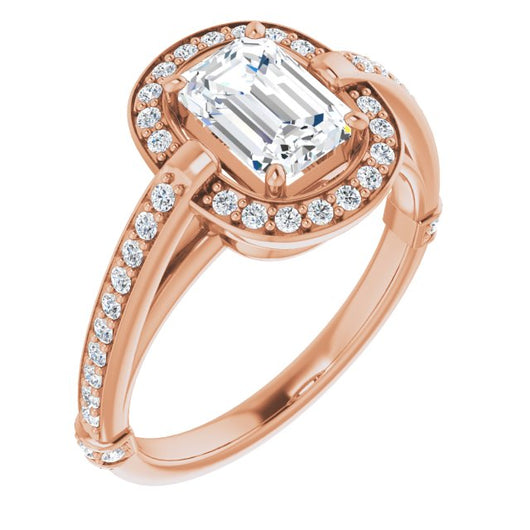 10K Rose Gold Customizable High-Cathedral Emerald/Radiant Cut Design with Halo and Shared Prong Band