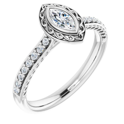 10K White Gold Customizable Cathedral-Bezel Marquise Cut Design featuring Accented Band with Filigree Inlay