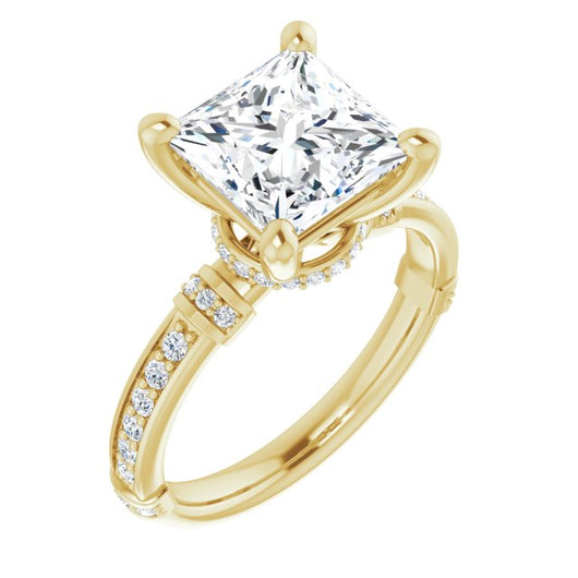 10K Yellow Gold Customizable Princess/Square Cut Style featuring Under-Halo, Shared Prong and Quad Horizontal Band Accents