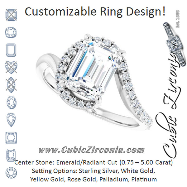 Cubic Zirconia Engagement Ring- The Phyllis (Customizable Emerald Cut Design with Swooping Pavé Bypass Band)