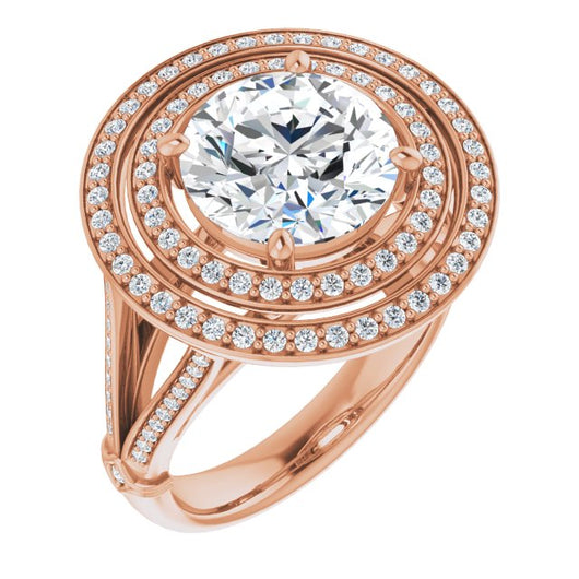 10K Rose Gold Customizable Cathedral-set Round Cut Design with Double Halo, Wide Split-Shared Prong Band and Side Knuckle Accents