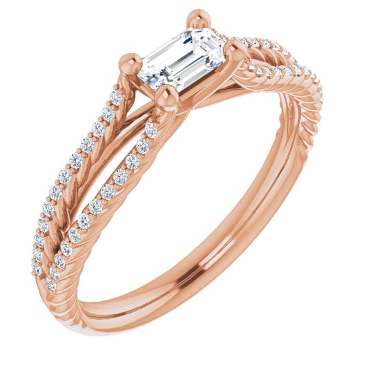 10K Rose Gold Customizable Emerald/Radiant Cut Style with Split Band and Rope-Pavé