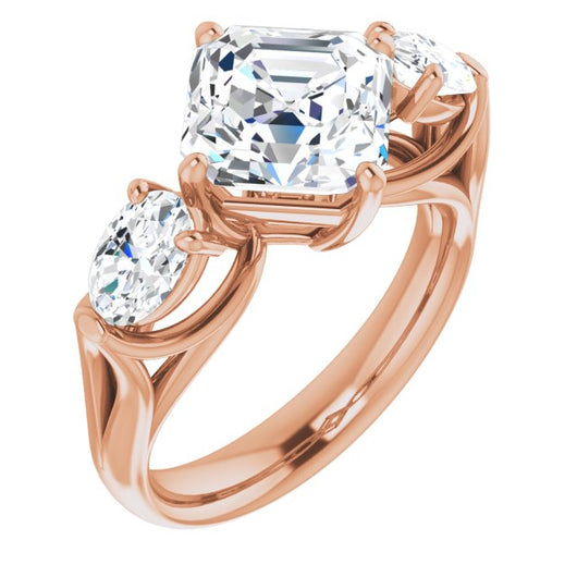 10K Rose Gold Customizable Cathedral-set 3-stone Asscher Cut Style with Dual Oval Cut Accents & Wide Split Band