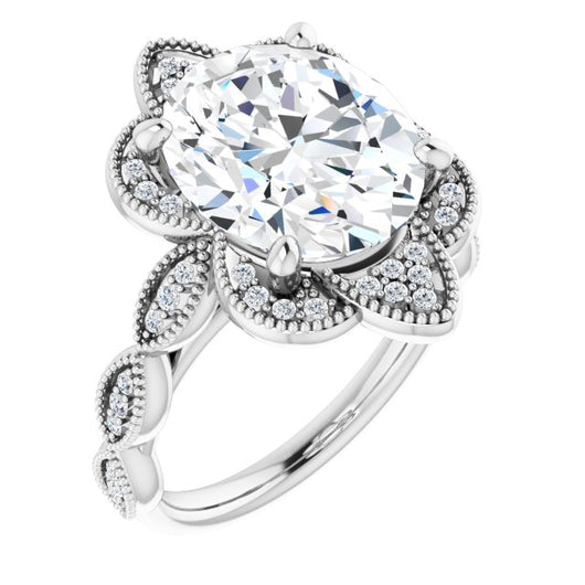 10K White Gold Customizable Cathedral-style Oval Cut Design with Floral Segmented Halo & Milgrain+Accents Band