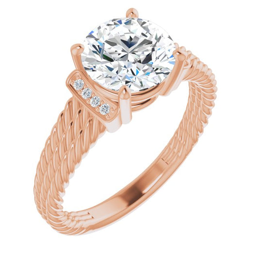 14K Rose Gold Customizable 11-stone Design featuring Round Cut Center, Vertical Round-Channel Accents & Wide Triple-Rope Band