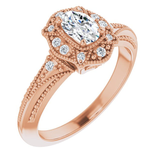 10K Rose Gold Customizable Vintage Oval Cut Design with Beaded Milgrain and Starburst Semi-Halo