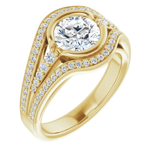 10K Yellow Gold Customizable Cathedral-Bezel Round Cut Design with Wide Triple-Split-Pavé Band