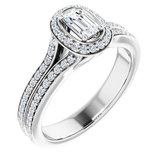 10K White Gold Customizable Cathedral-raised Emerald/Radiant Cut Setting with Halo and Shared Prong Band