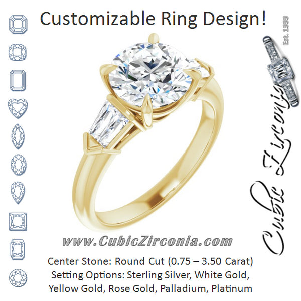 Cubic Zirconia Engagement Ring- The Fortunada (Customizable 5-stone Design with Round Cut Center and Quad Baguettes)