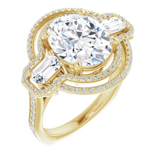 10K Yellow Gold Customizable Enhanced 3-stone Style with Oval Cut Center, Emerald Cut Accents, Double Halo and Thin Shared Prong Band