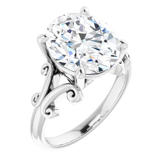 10K White Gold Customizable Oval Cut Solitaire with Band Flourish and Decorative Trellis