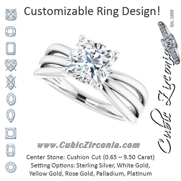 Cubic Zirconia Engagement Ring- The Maha (Customizable Cushion Cut Solitaire Design with Wide, Ribboned Split-band)