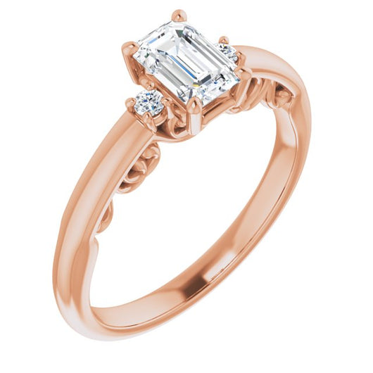 10K Rose Gold Customizable Emerald/Radiant Cut 3-stone Style featuring Heart-Motif Band Enhancement