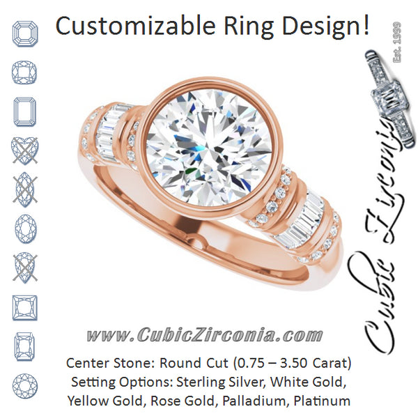 Cubic Zirconia Engagement Ring- The Coralie (Customizable Bezel-set Round Cut Setting with Wide Sleeve-Accented Band)