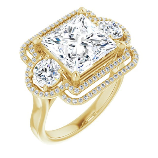 10K Yellow Gold Customizable Cathedral-set Enhanced 3-stone Princess/Square Cut Design with Multidirectional Halo